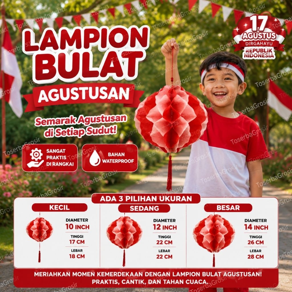 (Lampion Praktis)Lampion Bulat merah putih Agustusan,Lampion Bulat Agustusan,Lampion merah putih