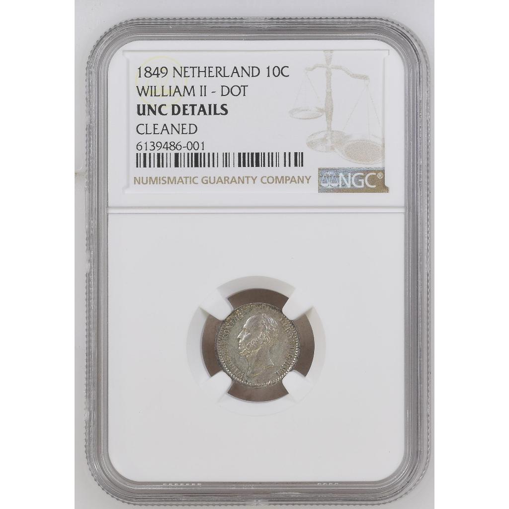 Koin Perak Kuno Netherland 10 Cents Willem II thn 1849 NGC UNC Details