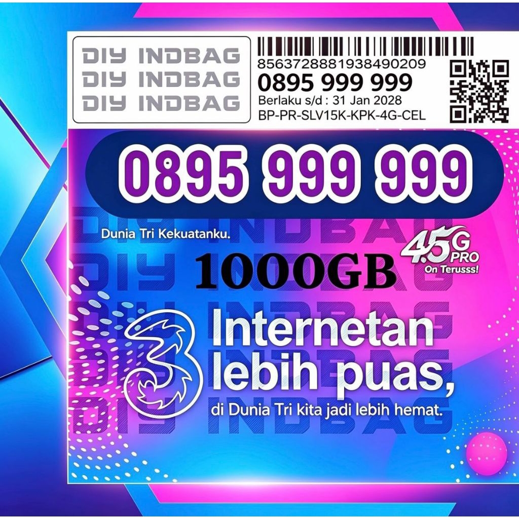 Cod terlaris kartu cantik tri 10 digit bonus kuota 1000gb suport jaringan 4G/5G