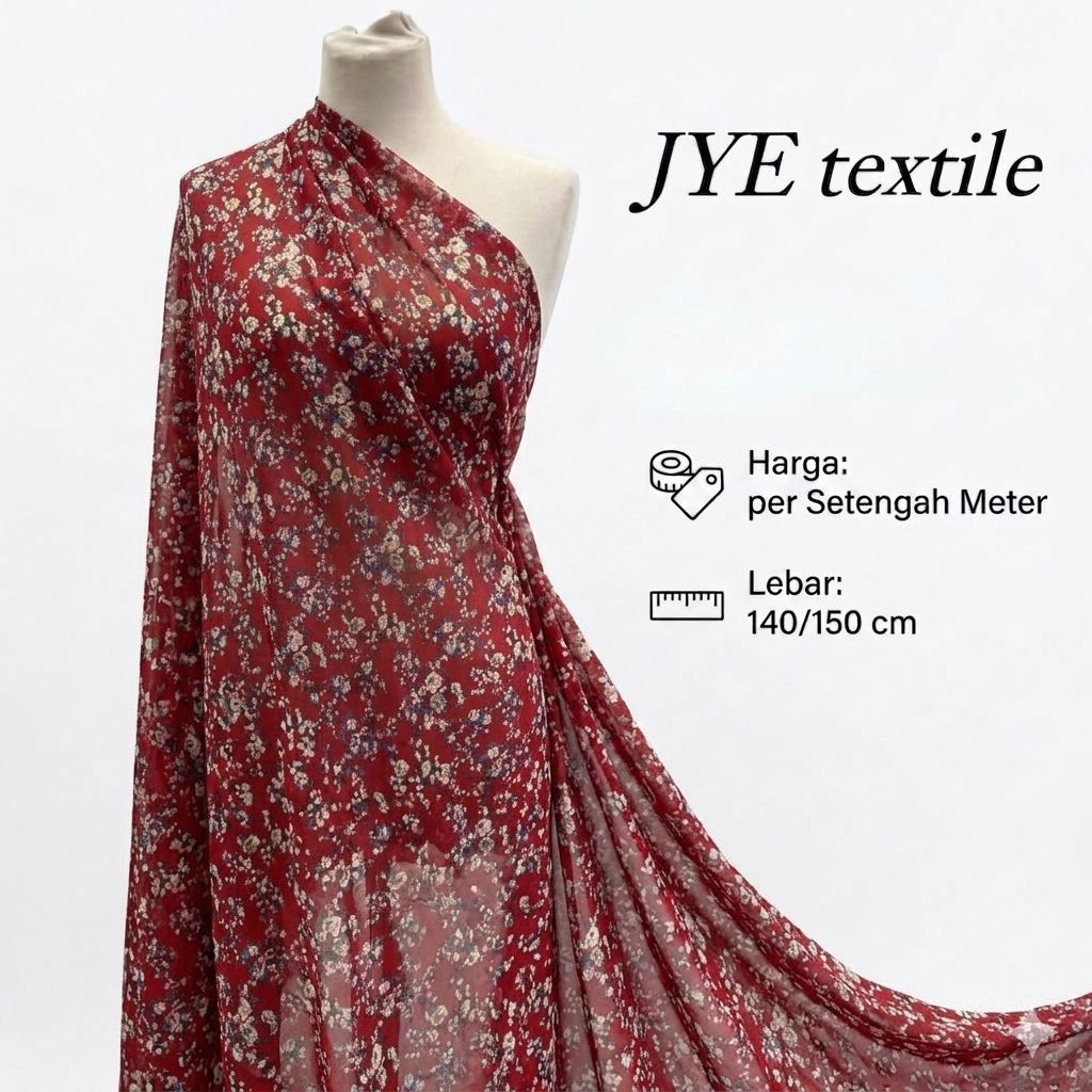 Kain Sifon Ceruti Premium Motif Bunga Kecil Vintage Red - Bahan Gamis, Khimar & Dress Mewah - Lembut