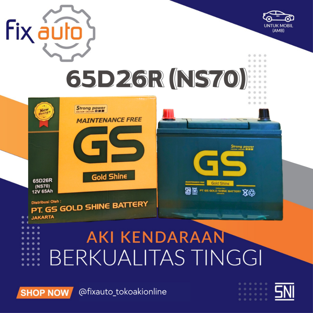 Aki Mobil GS Gold Shine NS70 65D26R 65Ah 12V Accu Maintenance Free Strong Power Calcium Battery