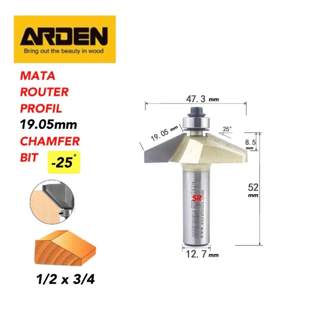 Mata Router/ Profil 19 mm As 1/2 × 3/4 Chamfer/ Horse Nose Bit 25 Derajat ARDEN