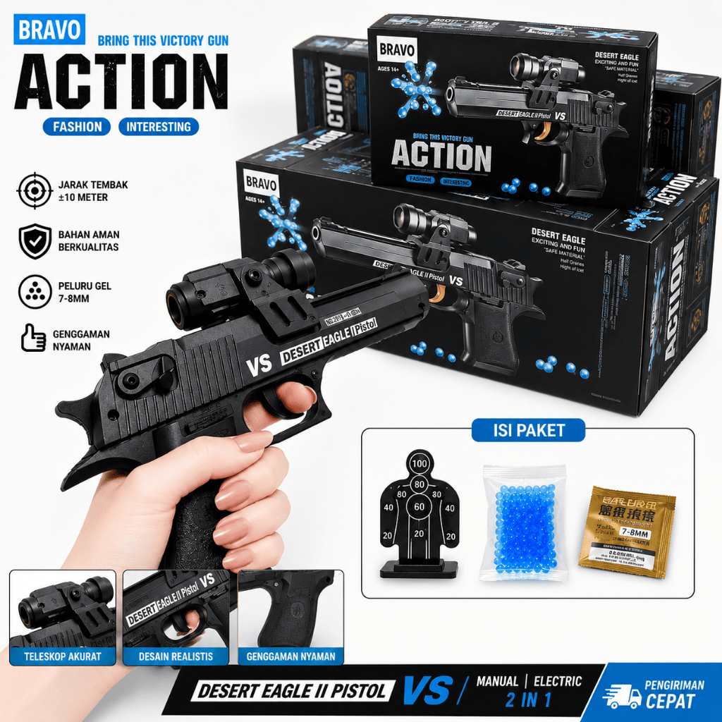 Pistol Mainan Desert Eagle Gel Blaster Laser Scope Peluru Gel 7-8mm + Target Tembak