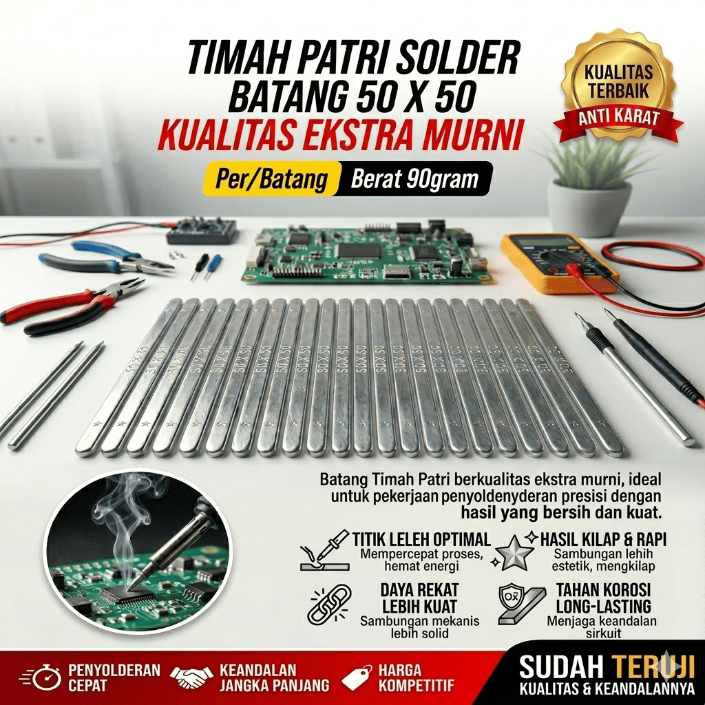 Timah Patri Solder Bar 50x50 90 Gram Anti Karat Kualitas Ekstra Murni Penyolderan Elektronik 1 Batan