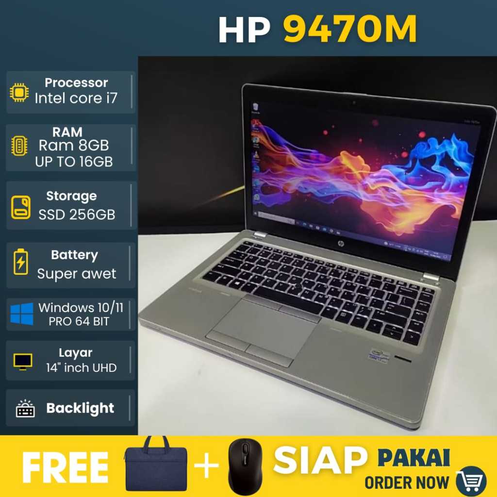 Laptop HP 9470m Intel core i7 ram 8gb SSD 256GB Backlight OS Windows - SIAP PAKAI