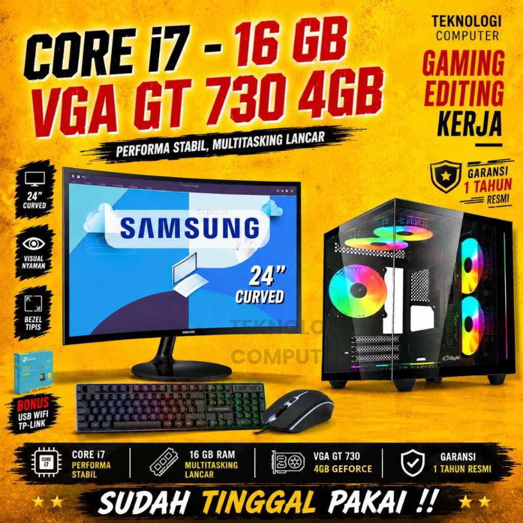 Core i7 | VGA 4 GB | Full Set 24" Curved | PC Gaming Editing Rendering | CPU Komputer Rakitan ( i7 -