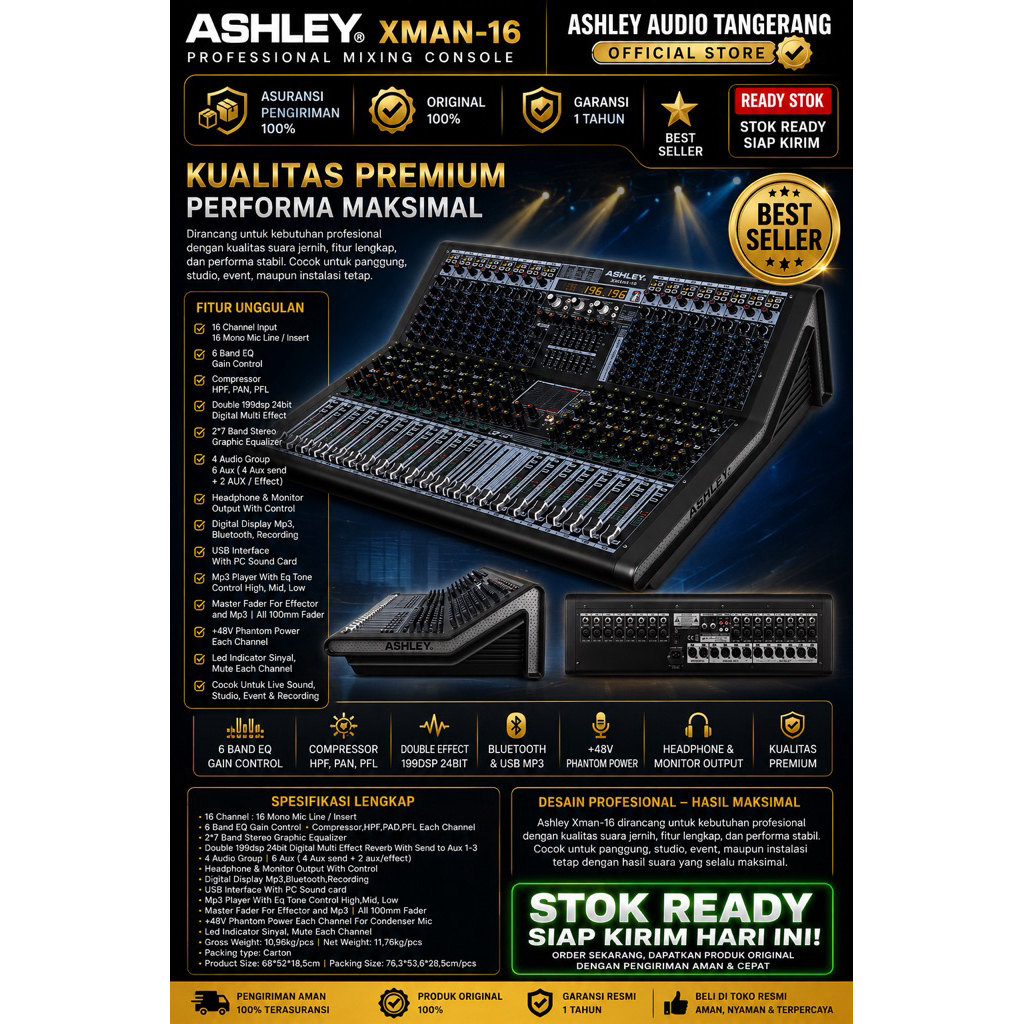 MIXER ASHLEY 16CHANNEL DOUBLE EFFECT NEW XMAN16 XMAN-16 XMAN 16 ORIGINAL BERGARANSI RESMI ASHLEY