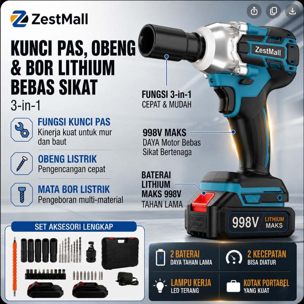 ZestMall Kunci Impact Brushless 998VF 3 in 1 Set Baterai Charger Koper Aksesoris