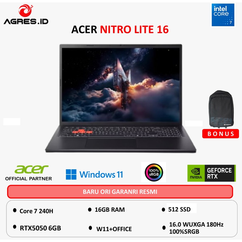 ACER NITRO LITE 16 CORE 7 240H RTX4050 6GB - RAM 16GB 512GB W11+OHS 16.0WUXGA 180HZ -71G.78GF