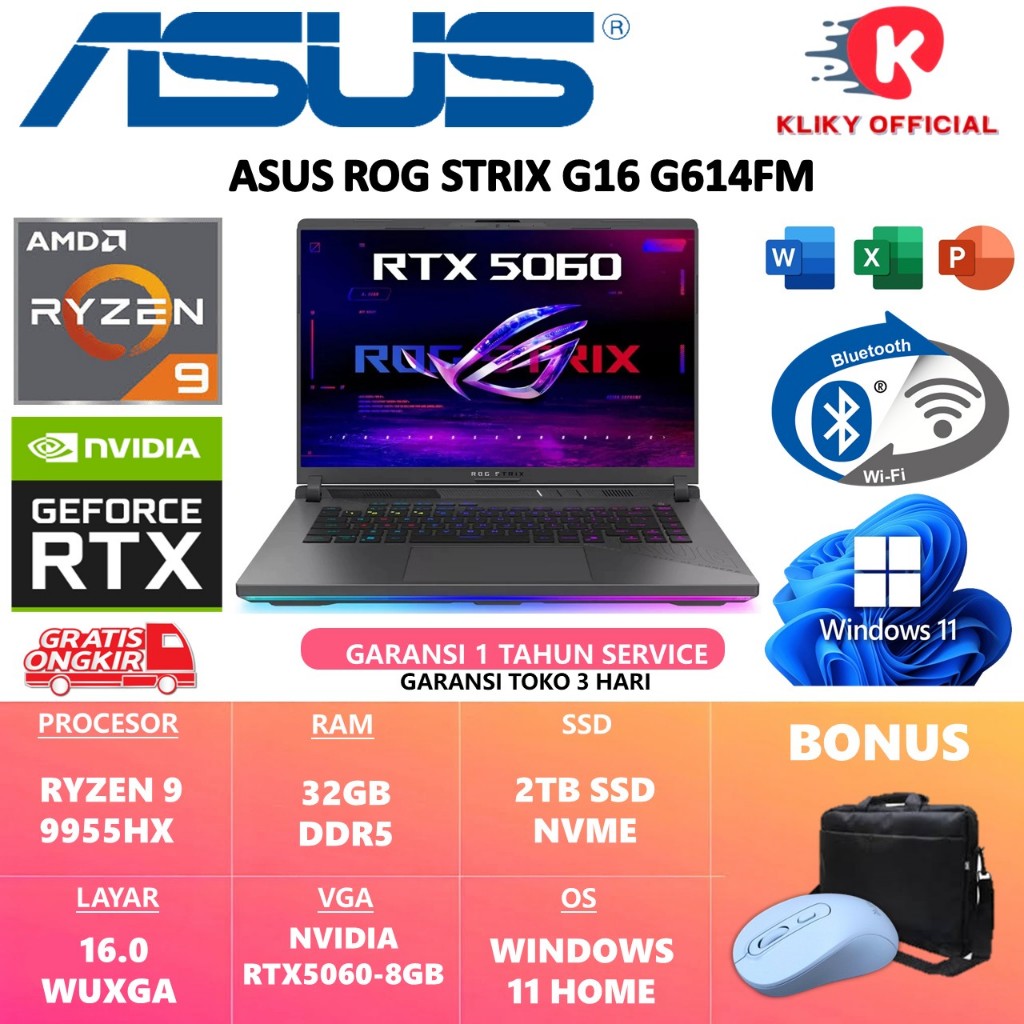 Laptop Gaming ASUS ROG STRIX G16 G614FM AMD RYZEN 9 9955HX RAM 16GB SSD 1TB RTX5060-8GB 16.0 WUXGA
