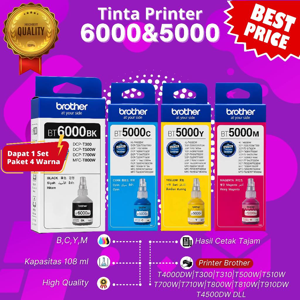 TINTA BROTHER BT6000 & BT5000 1 SET DCP-T300, DCP-T500W, DCP-T700W, MFC-T800W, DCP-T310, DCP-T510W, 