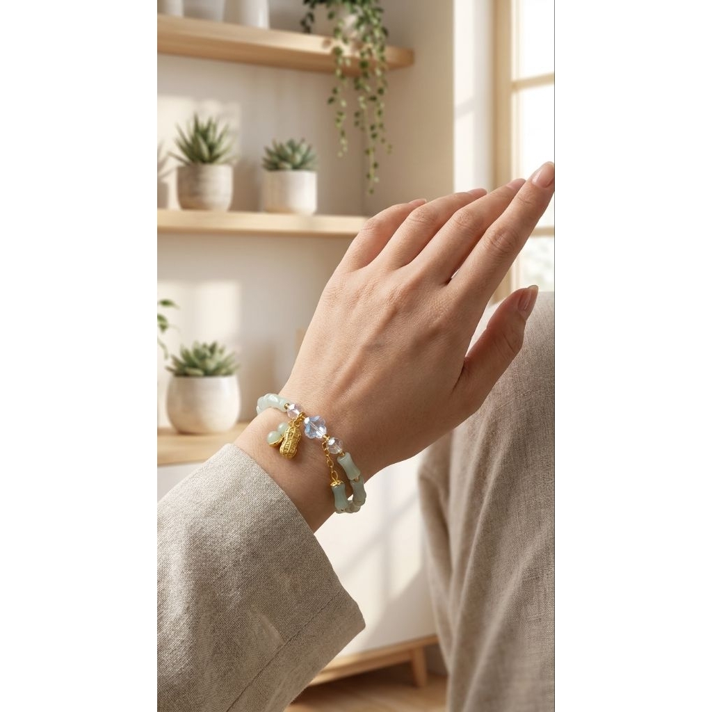kode BAMBU - Gelang Giok Wanita Bambu Lapis Emas - Desain Elegan, Tahan Lama, Bahan Giok Hetian Asli
