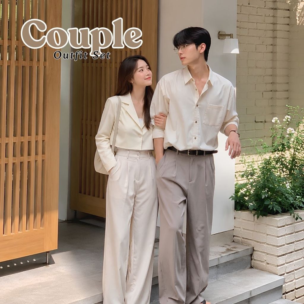 Setelan Couple | Kemeja Topi + Blazer Adara Celana Knit Highwaist Topi | Outfit Couple Pasangan keki