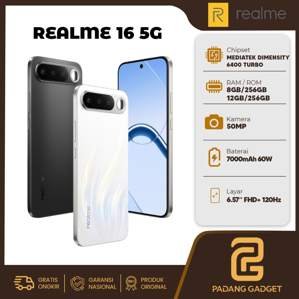 Realme 16 5G 8/256GB 12/256GB AMOLED 7000mAh 60W Hp Android Smartphone Baru Garansi Resmi