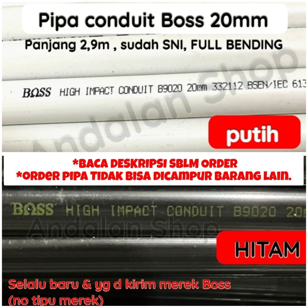 pipa conduit boss/ pipa conduit 20mm / pipa listrik/ pipa boss original warna putih hitam KHUSUS KAR