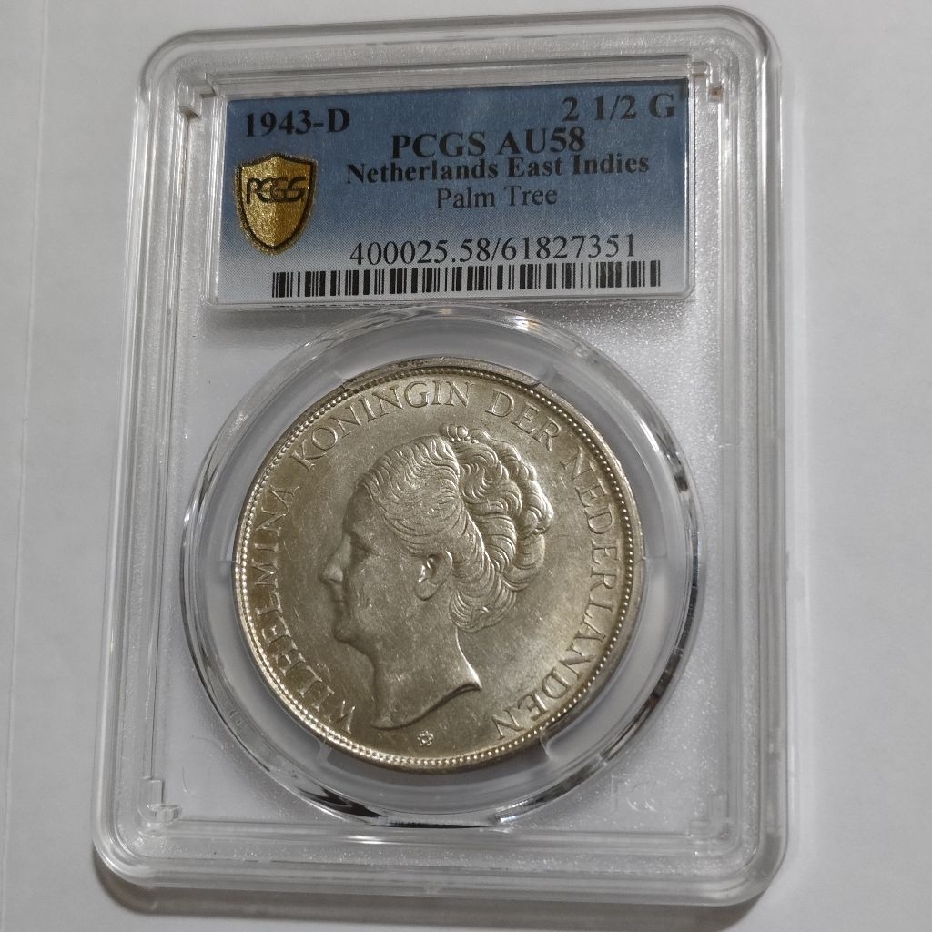 koin perak 2½ Gulden Wilhelmina 1943 PCGS AU58