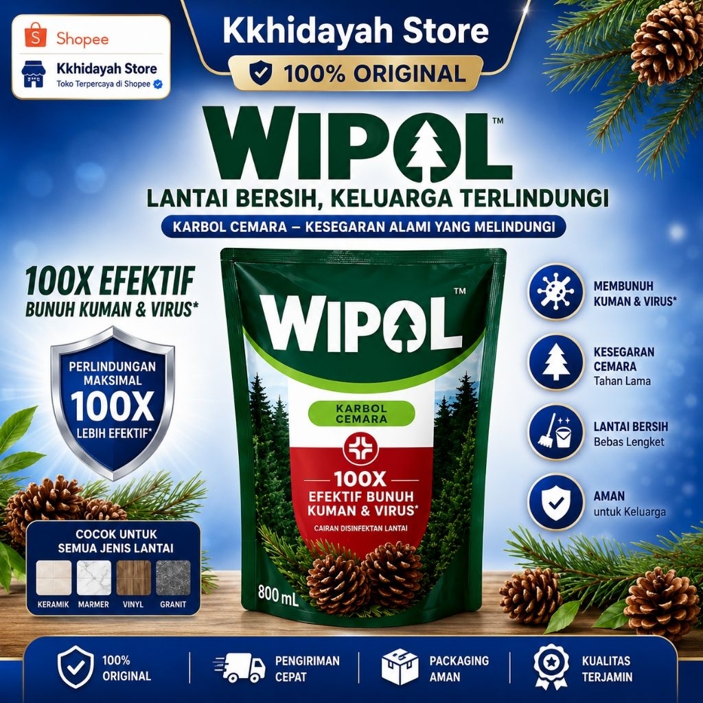 Wipol Karbol Cemara 800ml Original | Cairan Disinfektan Pembersih Lantai | Bunuh Kuman & Virus | Wan