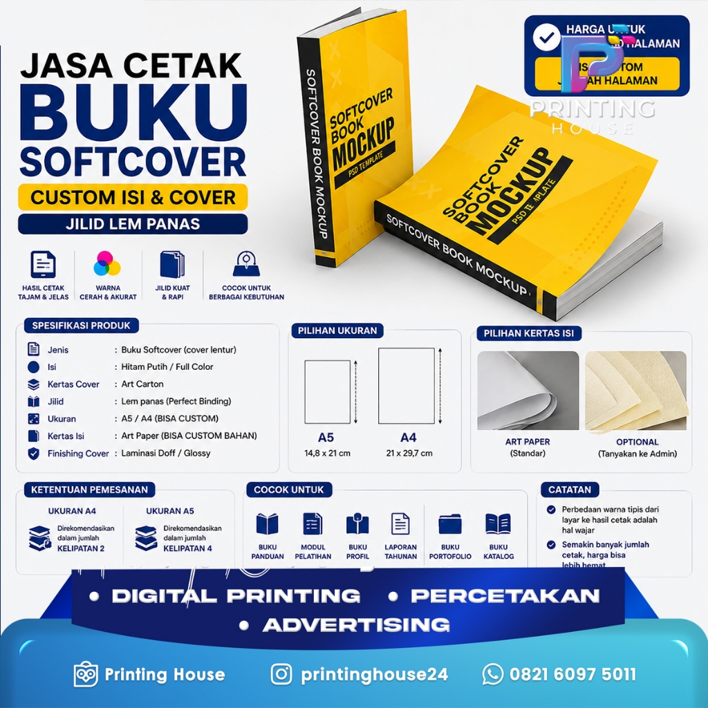 Jasa Cetak Buku Softcover | Custom Isi & Cover | Jilid Lem Panas