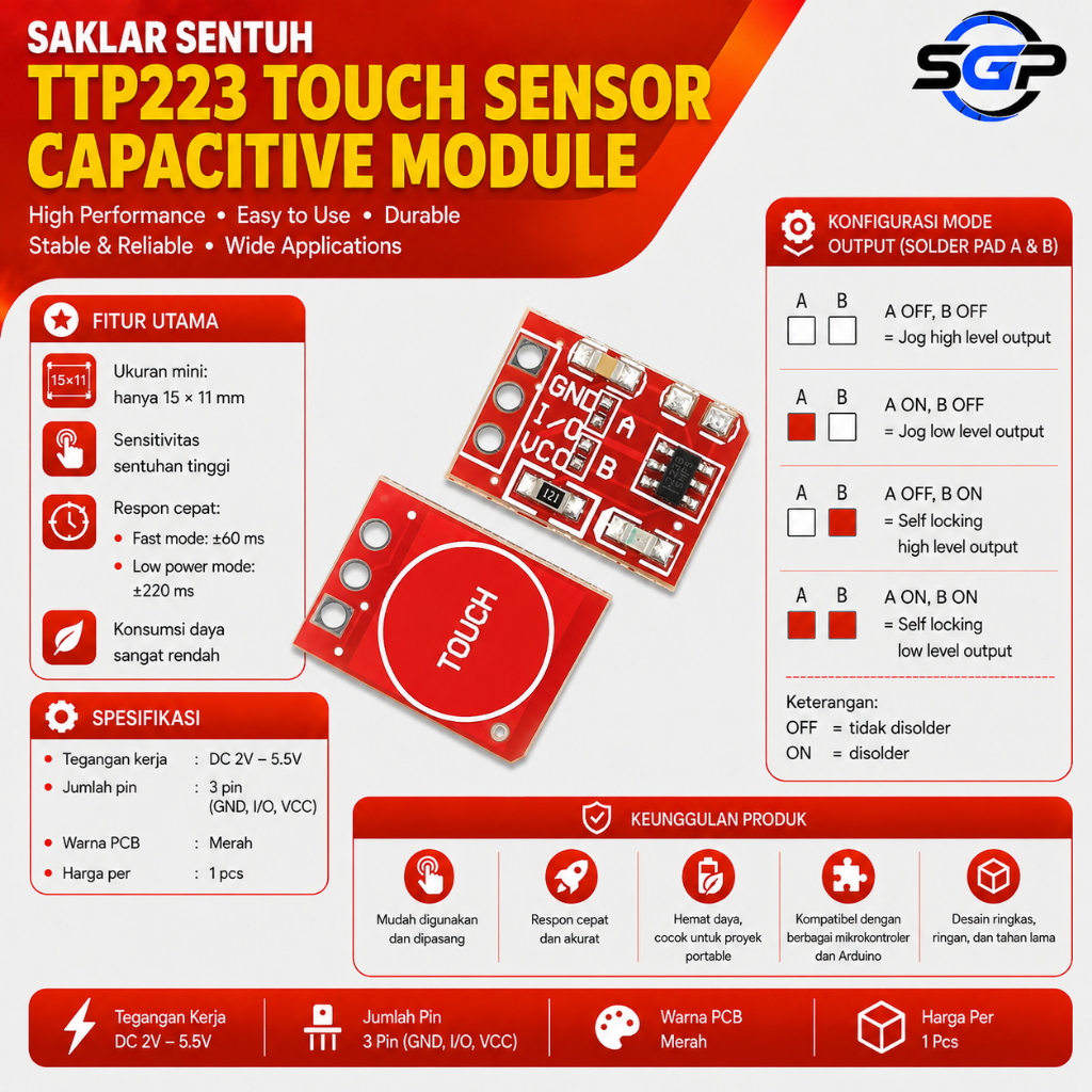 Saklar Sentuh TTP223 Touch Sensor Sentuh Capacitive Module Touch Sensor Capacitive TTP223 Switch Ard