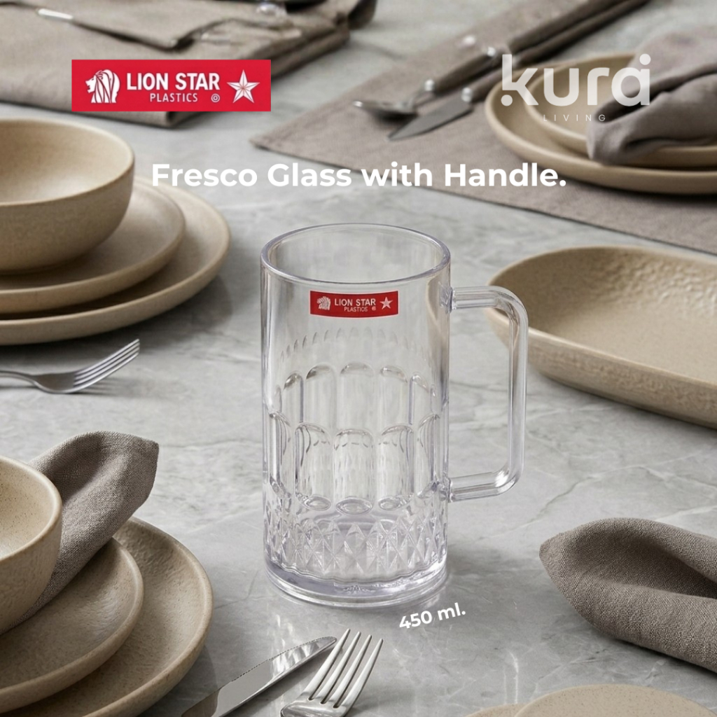 KURA Living | Lion Star Fresco 450ml Gelas Gagang Kristal Akrilik Plastik Tebal Mug Minum Besar Jus 