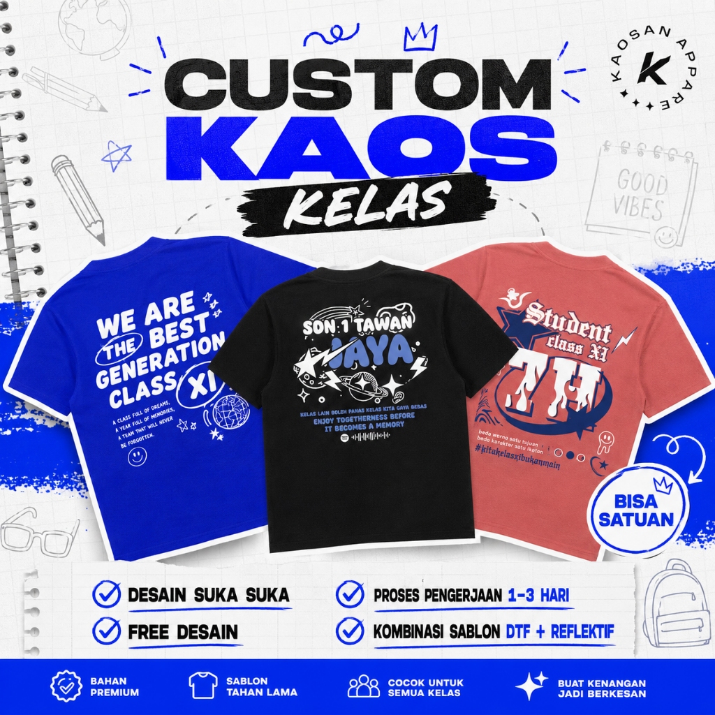 Kaos Custom Kelas / Kaos Kelas / Baju Kelas Custom Satuan Gratis Desain / Kaos Custom Kelas Menyala