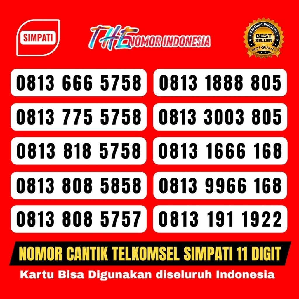 Kartu Perdana Nomor Cantik Simpati 11 DIGIT Seri HOKI 5758/ 805/ 168/ 1922 | 4G/LTE/5G | Kuota 3GB (