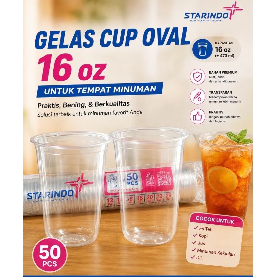 Gelas Cup Plastik Oval 16oz Starindo Tebal Berat 8gram | Oval 16 oz 8 gr