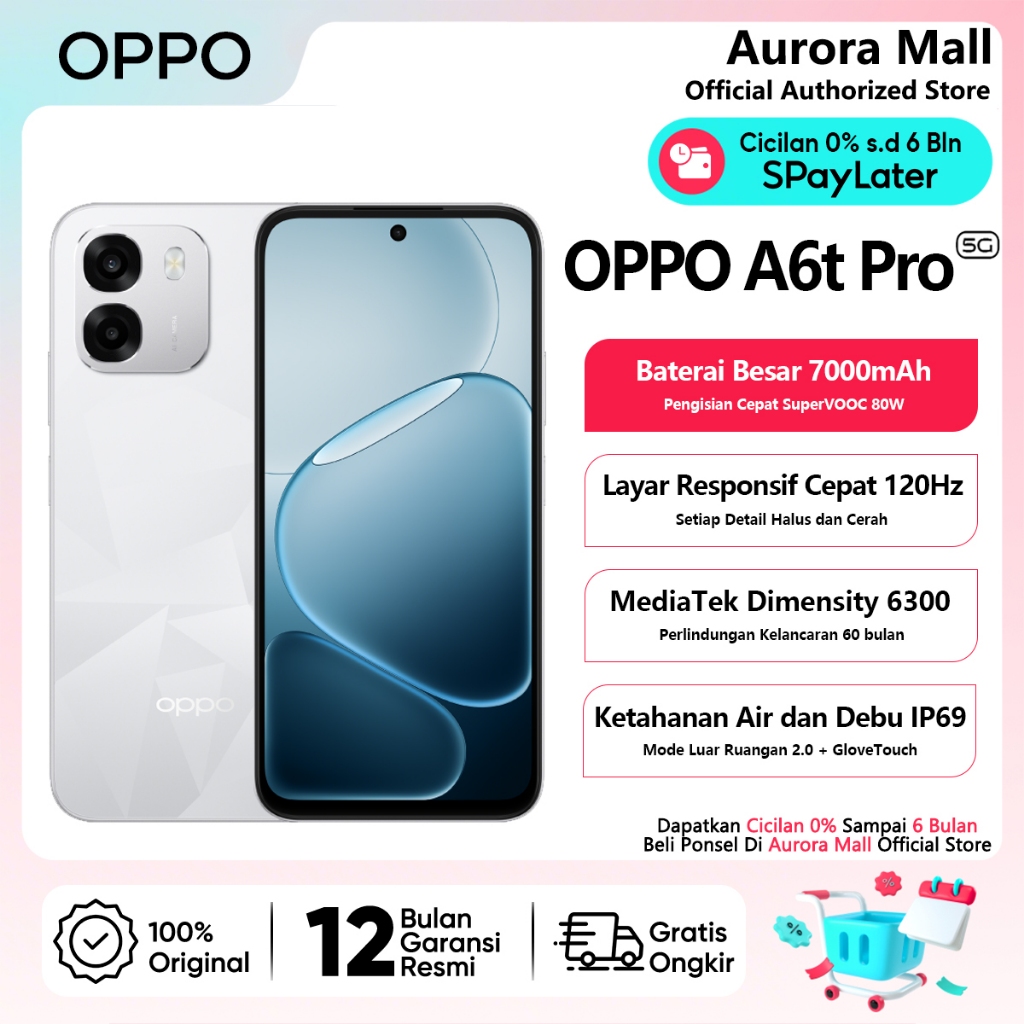 OPPO A6t Pro 5G 8/256GB (8GB+8GB Extended RAM) Dimensity 6300 Android Murah Terbaru Official Store