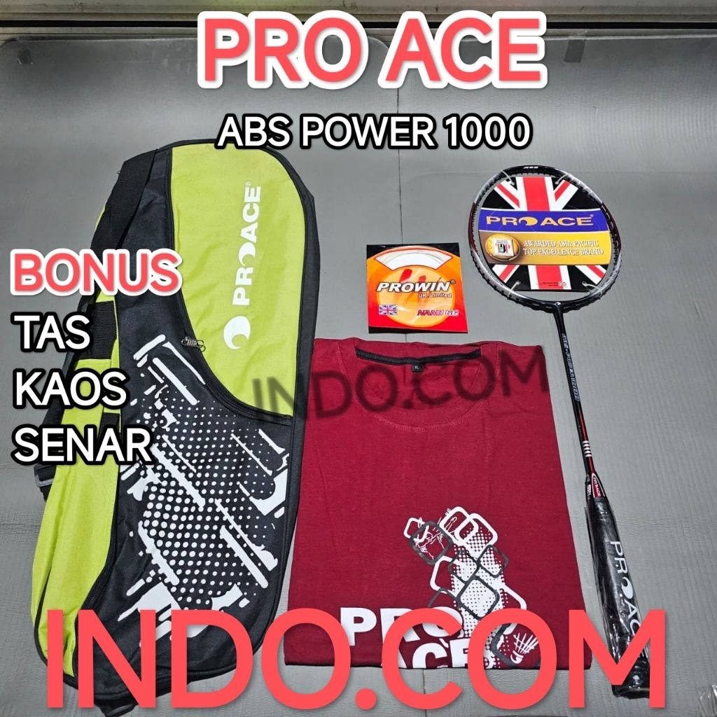 Raket Badminton Bulutangkis Pro Ace ABS Power 1000 Original Bonus Tas Kaos Senar