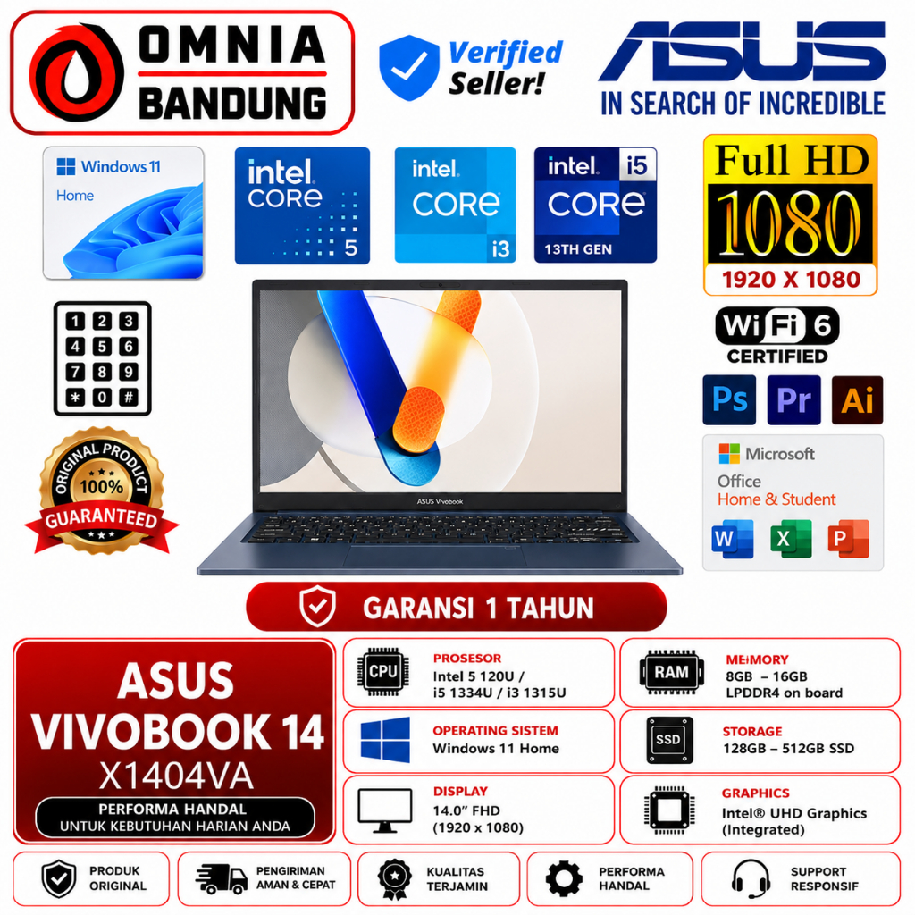 Asus Vivobook 14 X1404VA Series Intel Core i3/i5/core 5 16GB 512GB 14 Inch FHD NumPad Win11Home Blue