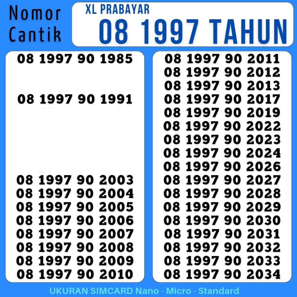 KARTU XL - NOMOR CANTIK XL TAHUN 1997 90 1999 KARTU XL NOMOR XL KARTU PERDANA KUOTA 3 GB NOMOR CANTI