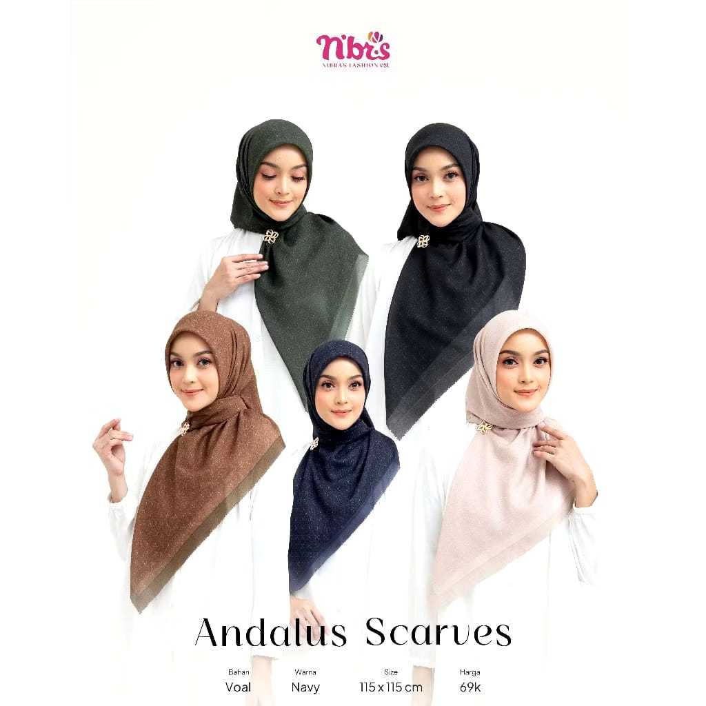 Nibras - Andalus Scarves Jilbab Segiempat Bahan Voal Warna Beige Black Emerald Mahogany Navy