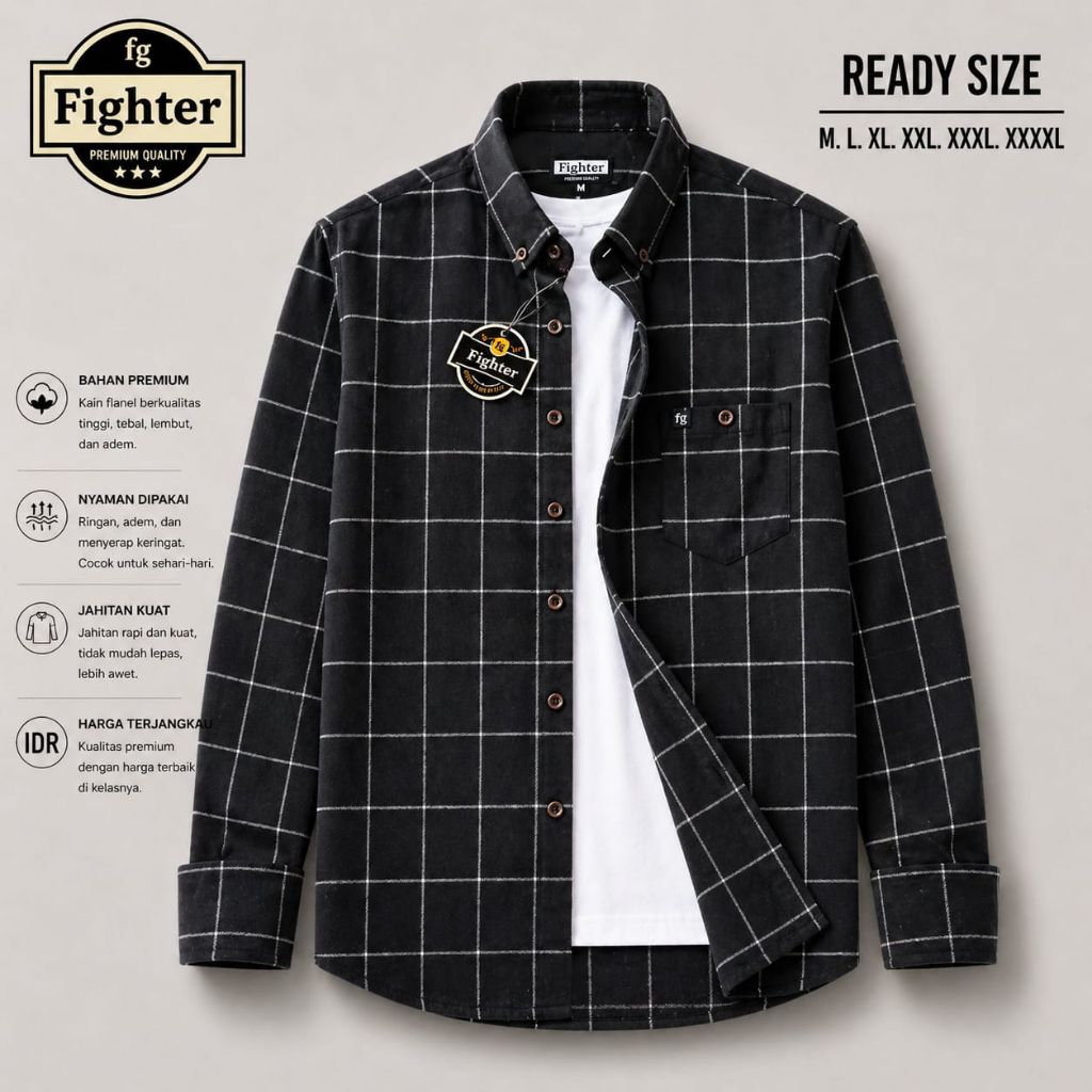 kemeja flanel motif kotak hitam garis putih m-l-xl-xxl-xxxl-xxxxl oversize jumbo lengan pajang