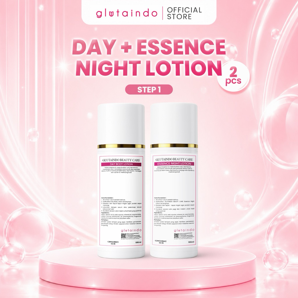 Glutaindo Day Lotion + Essence Night Lotion Step 1 / Lotion Brightening Badan Seluruh Tubuh