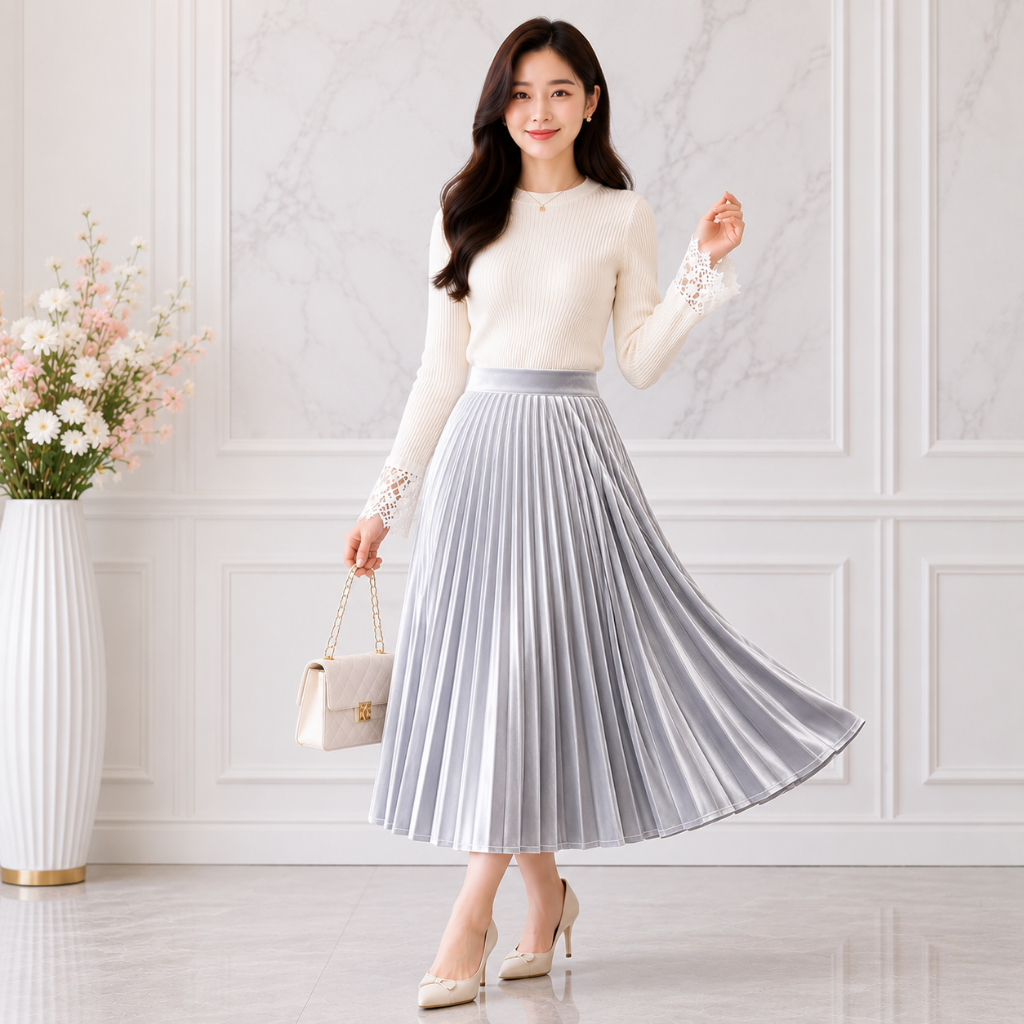 Rok Midi Plisket Beludru 7/8 Parisian Style Rok Anggun Cantik Terbaru