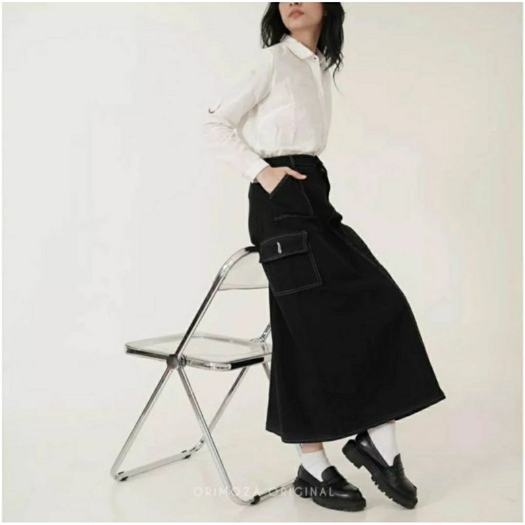 Rok Cargo Jeans Wanita / Rok Jeans Cargo / Rok Cargo Wanita Panjang / Rok Jeans Premium tebal