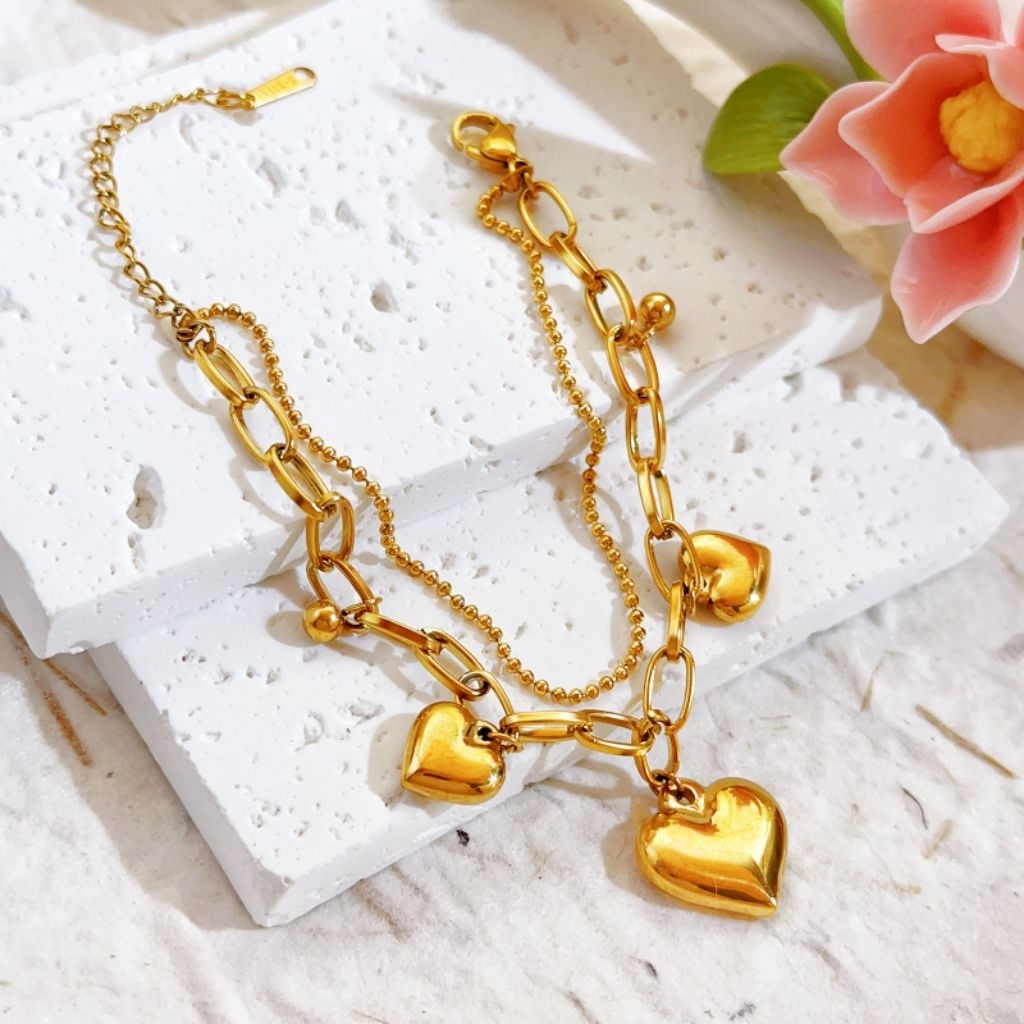 R1 kalung gelang double layer tiga hati besar titanium asli