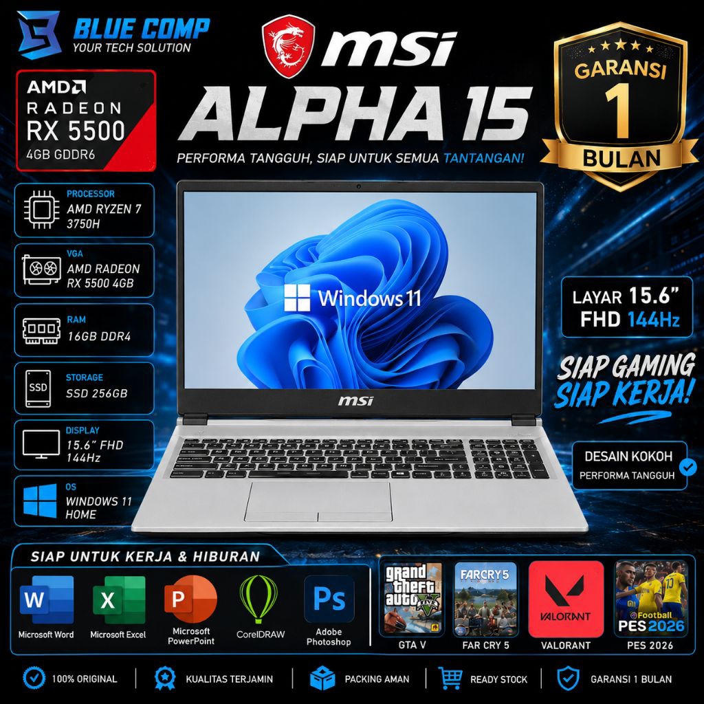 Laptop Gaming Render MSI Alpha 15 Ryzen 7 3750H VGA RX 5500M Ram 16 GB SSD 256GB Laptop Editing Desi