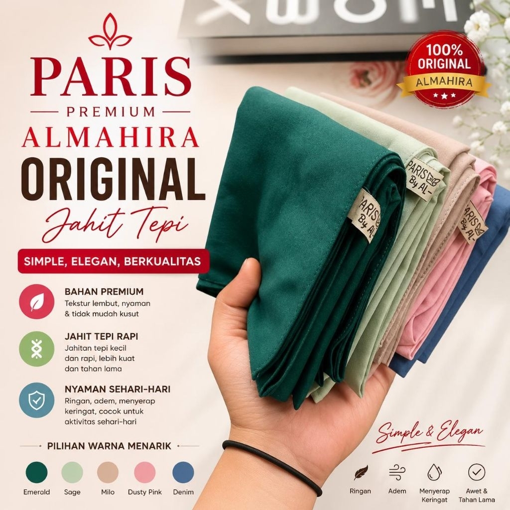 Hijab Segi Empat Paris Premium Polos Original  Almahira / Paris Premium Jahit tepi