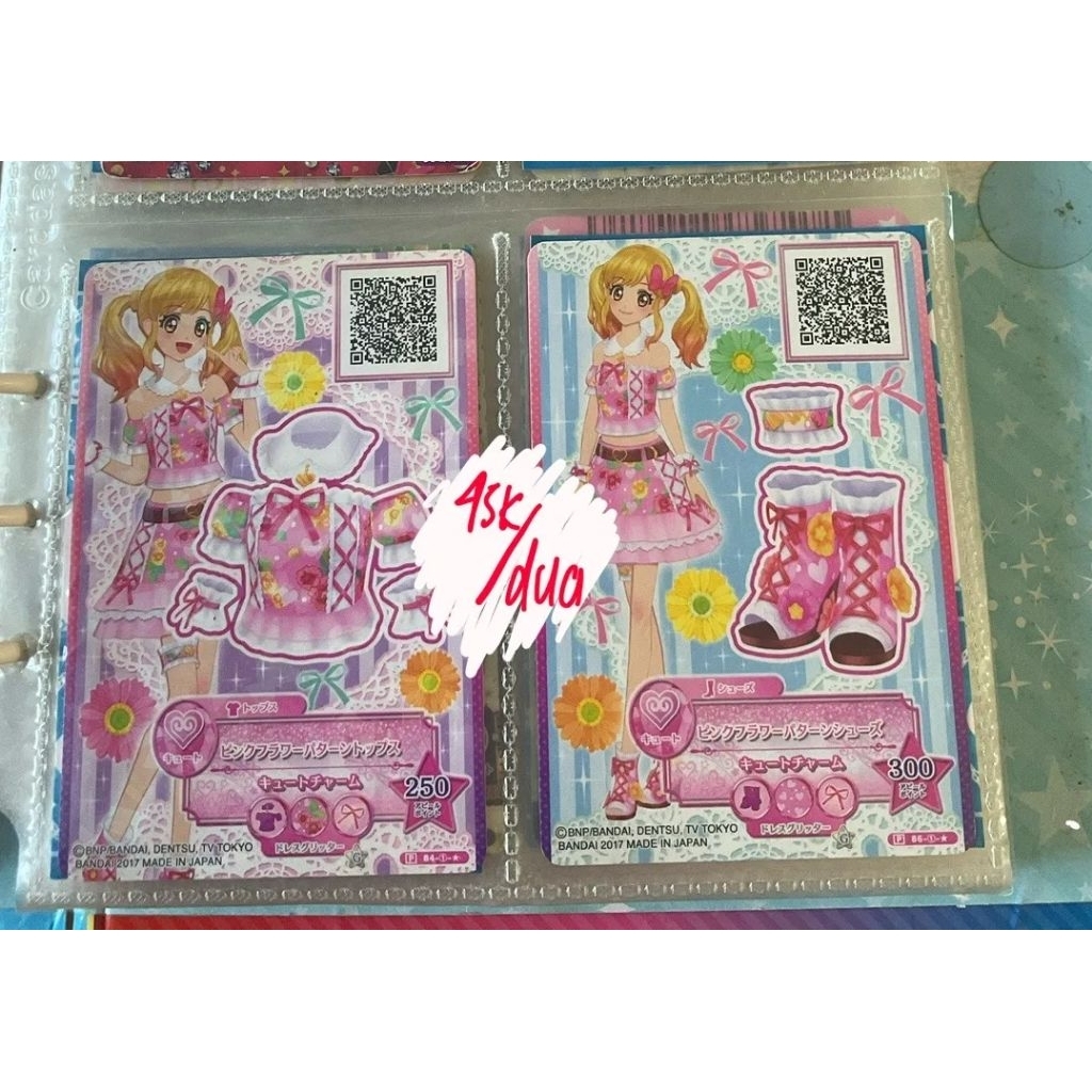 kartu aikatsu pink flower top + shoes, aksesoris mcd, lovely check shoes, full set blue fairy