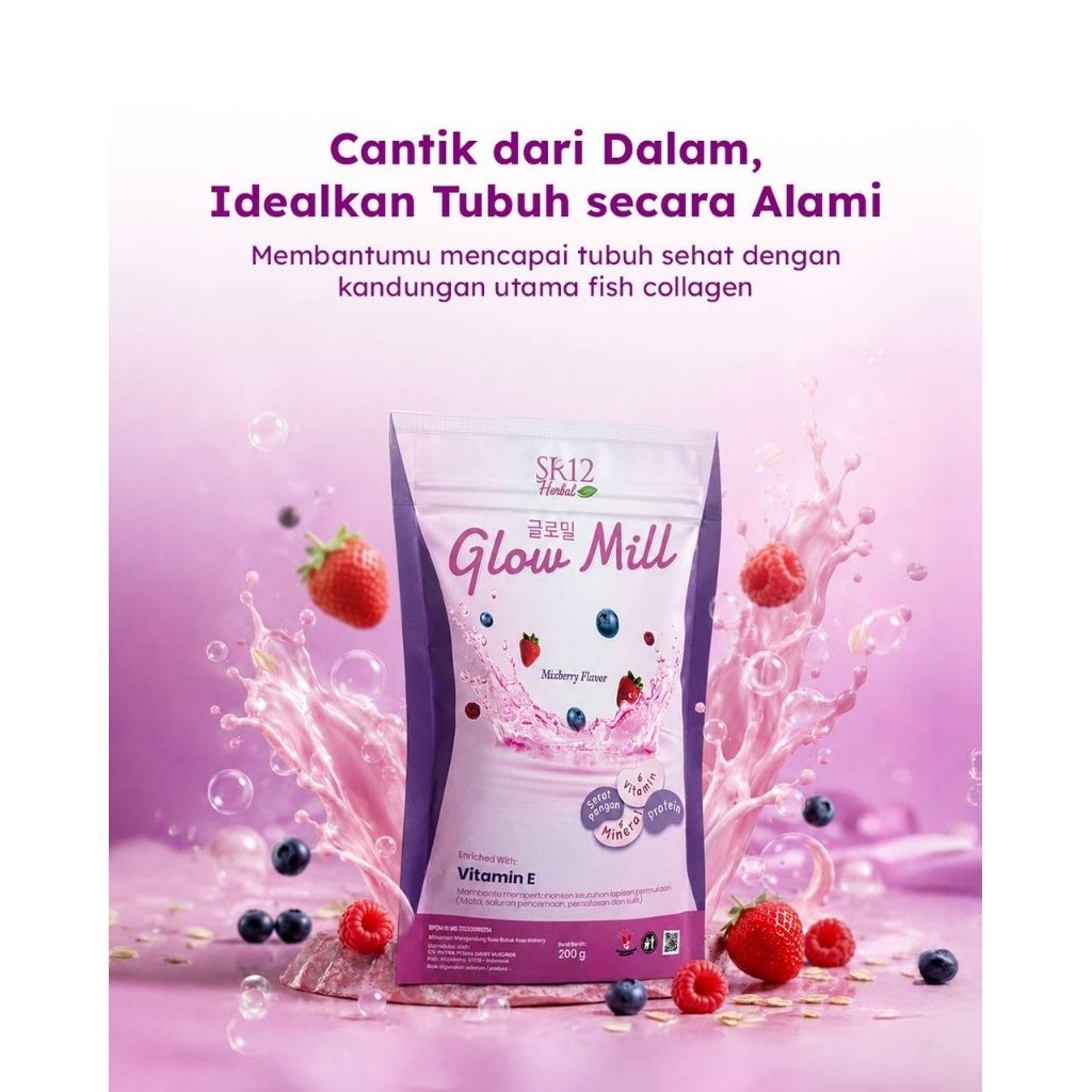 SR12 Glow Mill Mixberry Minuman Susu Bubuk 4in1 Super Lengkap Membantu Membakar Lemak Tubuh & Kulit 
