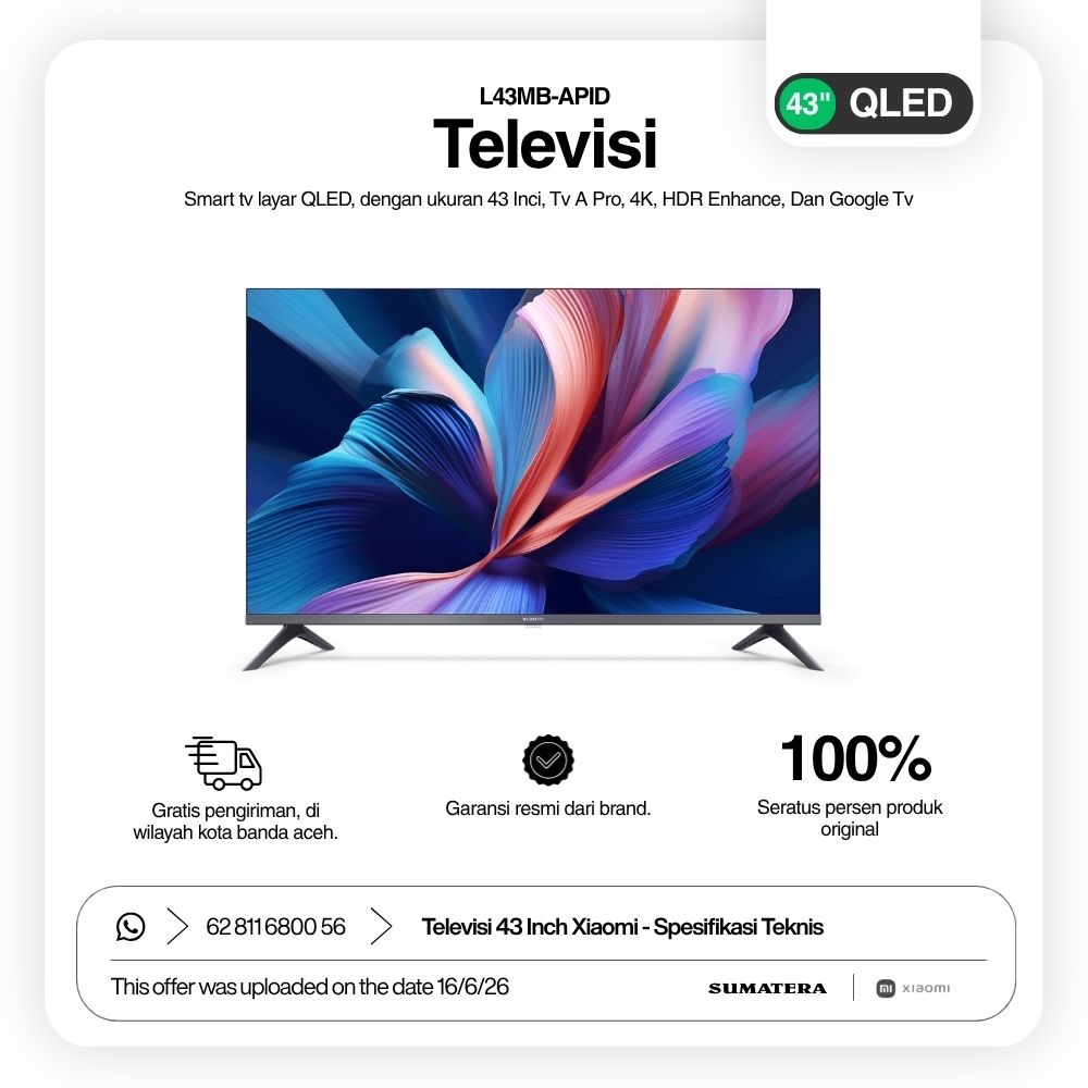 Televisi 43 Inch Xiaomi QLED l L43MB-APID I Smart tv layar QLED, dengan ukuran 43 Inci, Tv A Pro, 4K