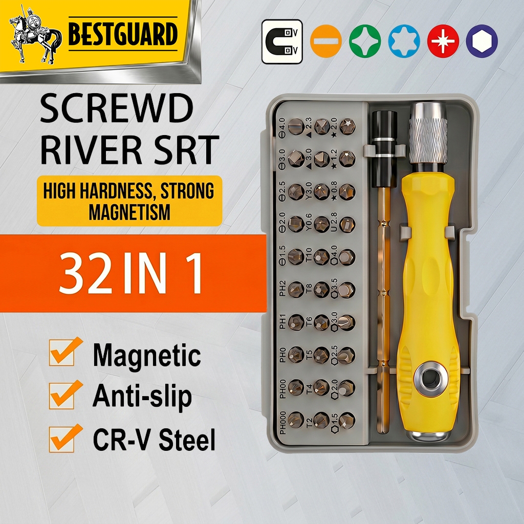 BESTGUARD Obeng Presisi Set 32 in 1 Magnetik Batang Panjang Obeng HP Laptop iPhone Kacamata Jam Tang