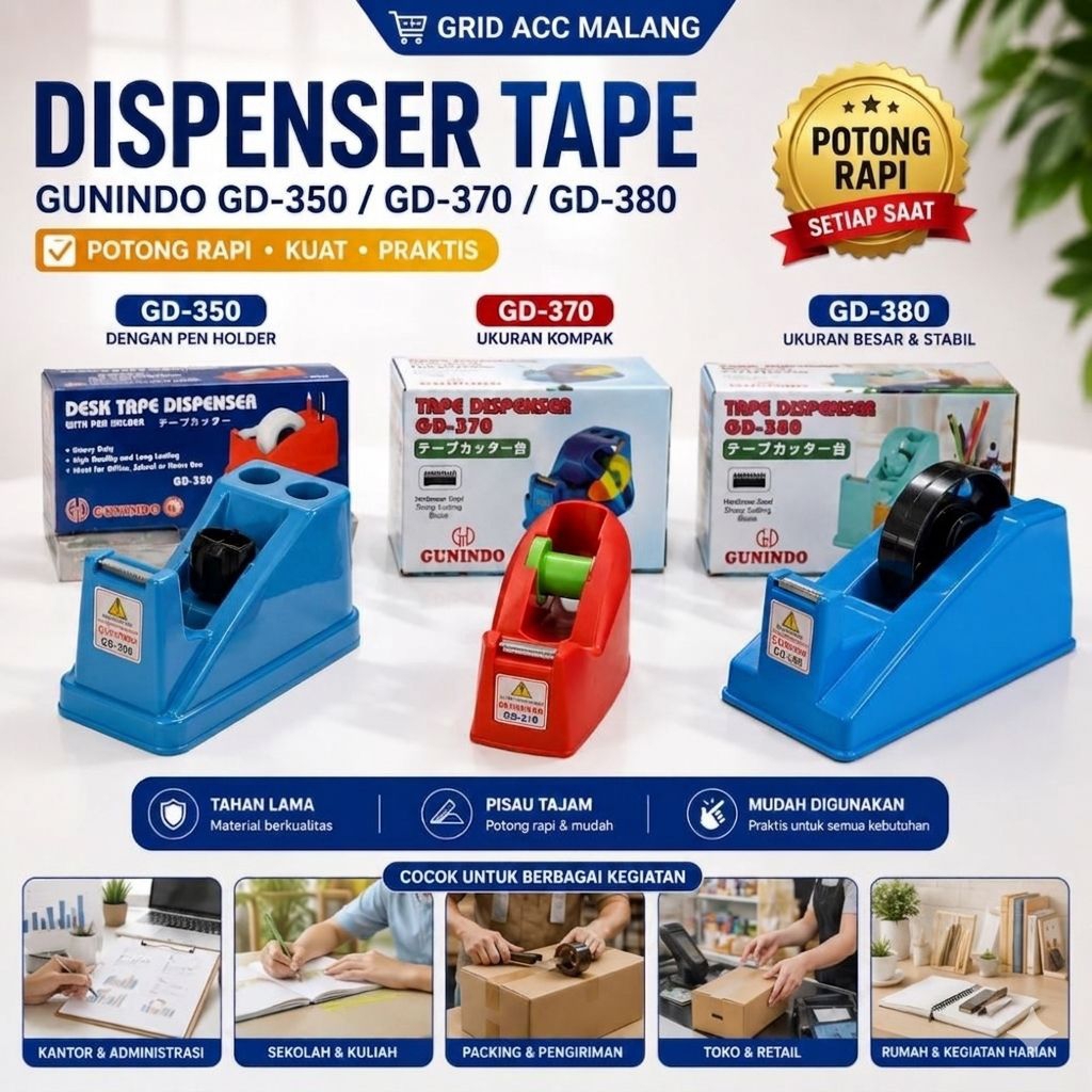 Tape Dispenser Gunindo GD-350 GD-370 GD-380 - GRID ACC MALANG / Pemotong Solatip Lakban Meja Duduk A
