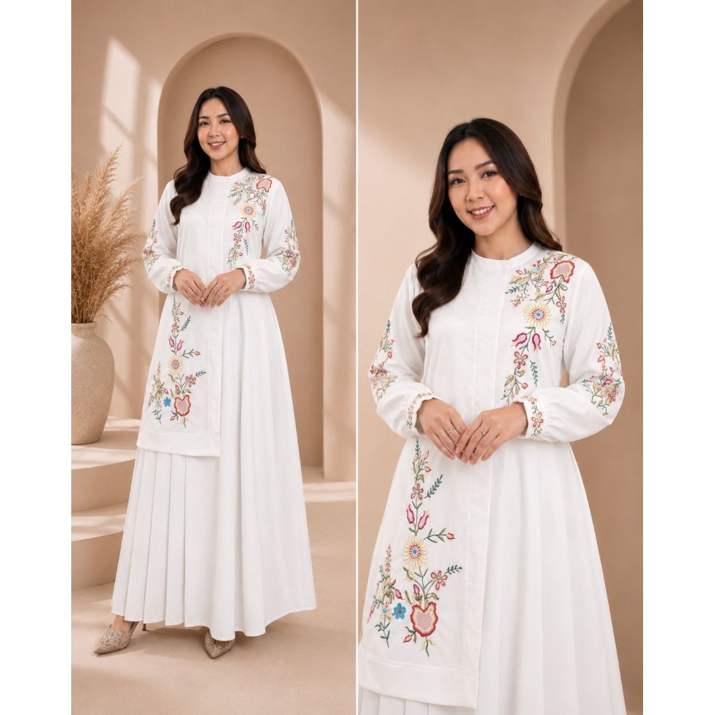 Keynara - Gamis Katun Toyobo Sulaman Bordir Bunga Matahari