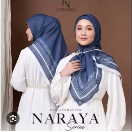 Naraya Scarf Majolica Blue by Jambunada | Kerudung Segi Empat Motif Premium Elegan Wanita