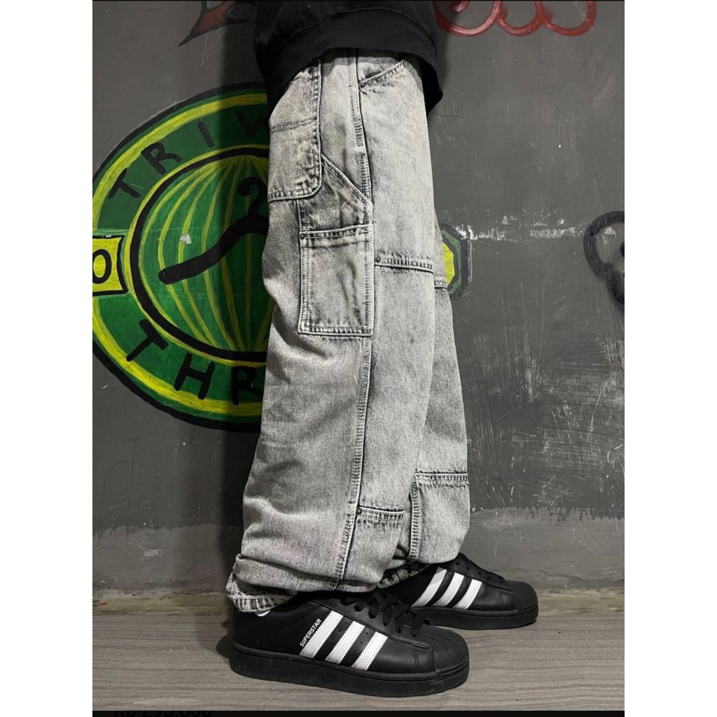 Maison Mined Carpenter Denim Pants Long Jeans Straight Reguler Baggy Grey Washed Retro White Spread