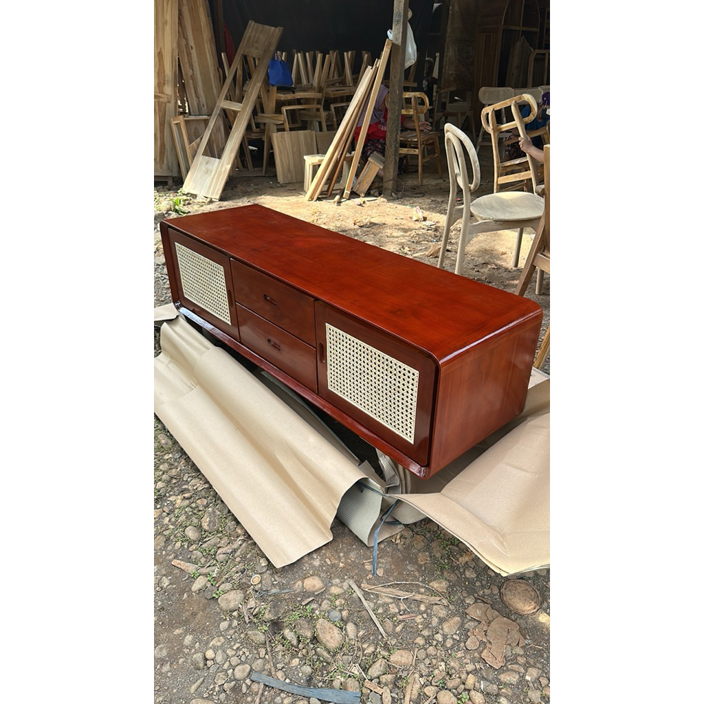 Bufet Tv Kayu Jati Asli Kombinasi Rotan 2 Meter Bufet Tv Minimalis Mix Rotan Kayu Jati Asli