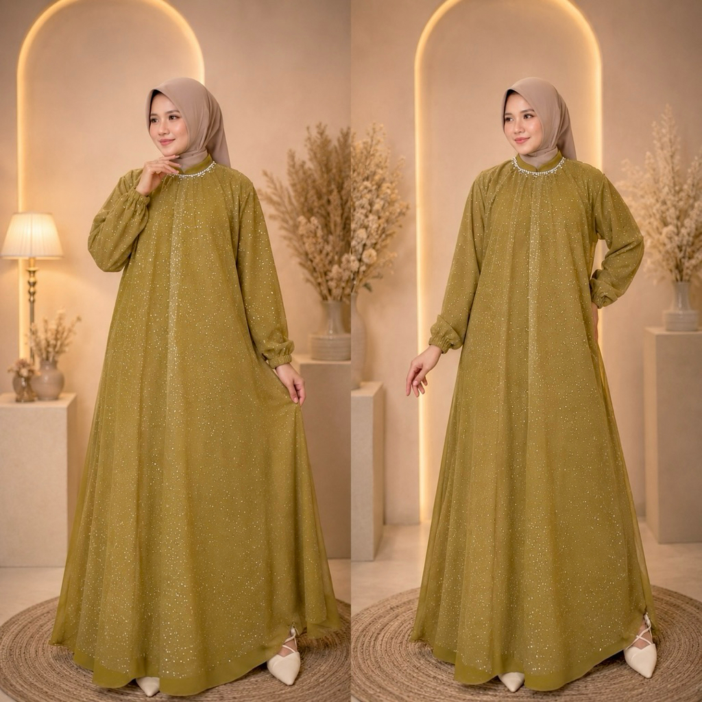 Gamis Ceruty Baby Doll Mix Tile salju || Gamis Leher Payet || Gamis Pesta