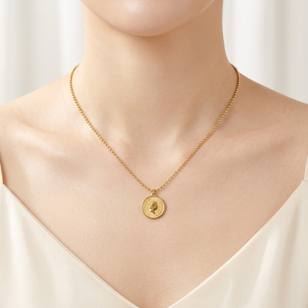 Kalung Titanium Wanita Model Biji Lada Liontin Koin Elizabeth Gold Loxla